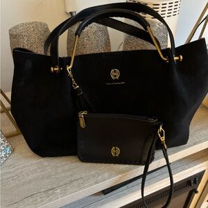 Black Suede Handbag and Pouch Set house of Harlow